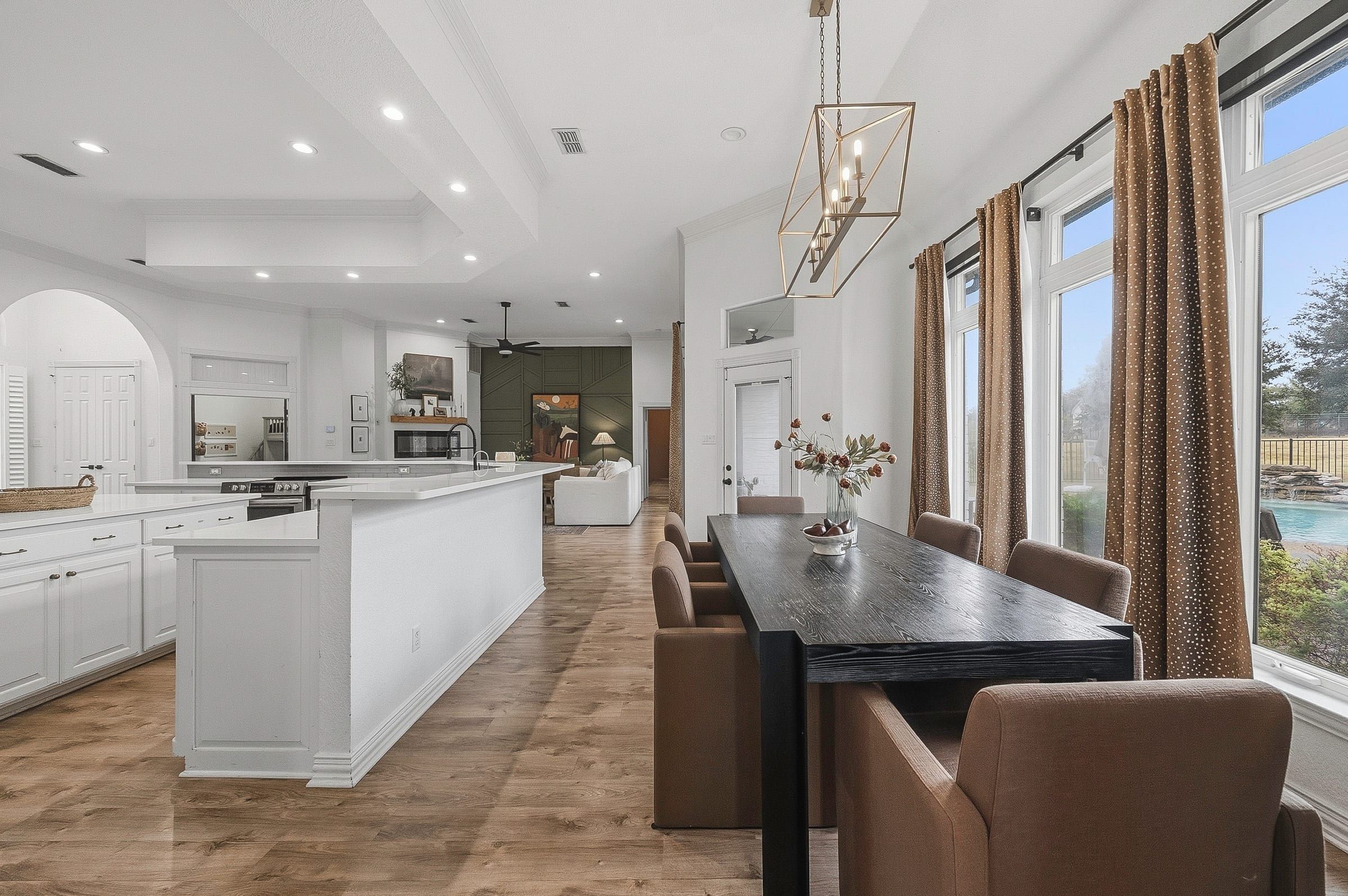 View from the dining area through the kitchen to the living room