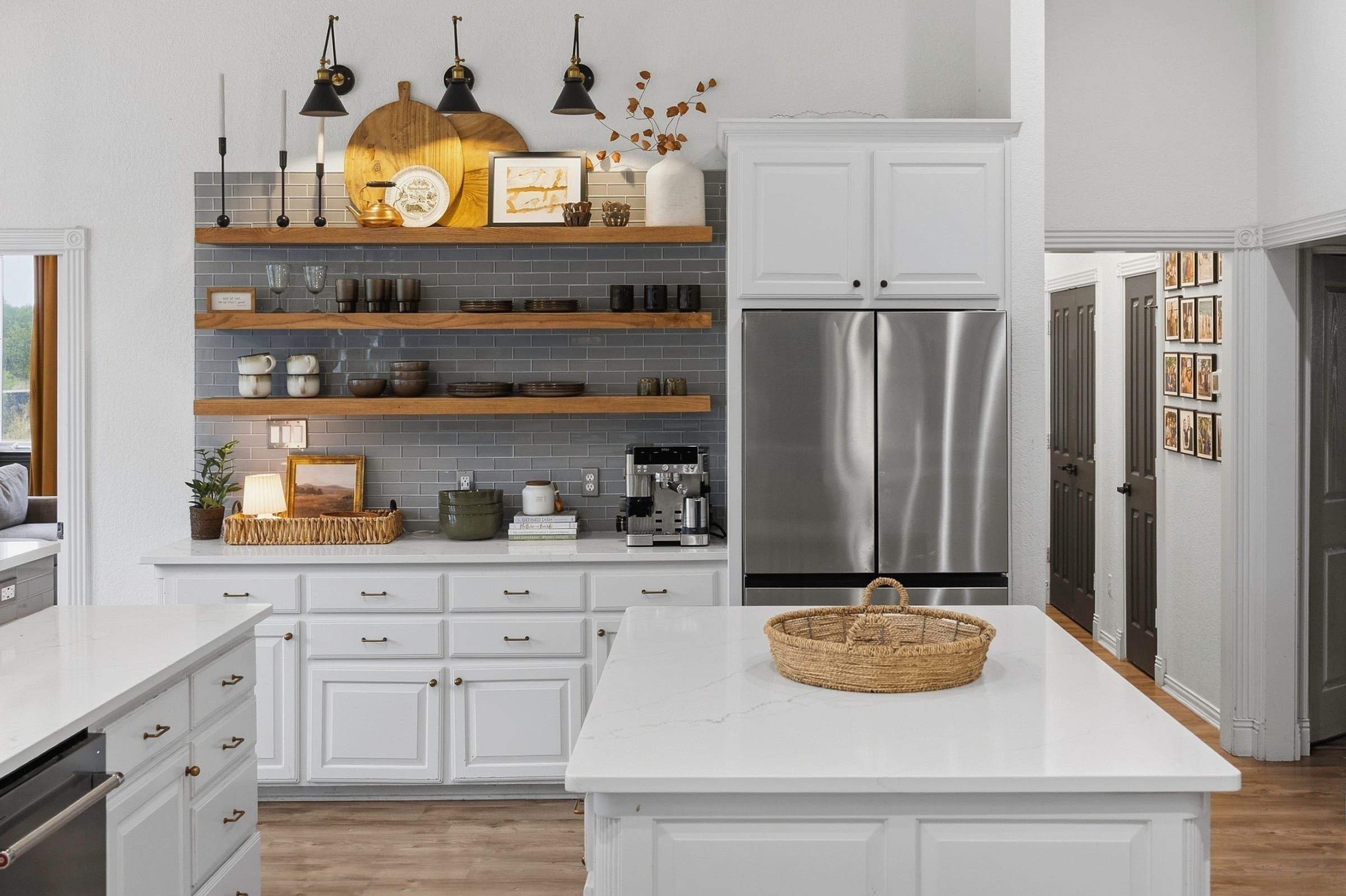 Coffee bar with floating shelves and quartzite counter