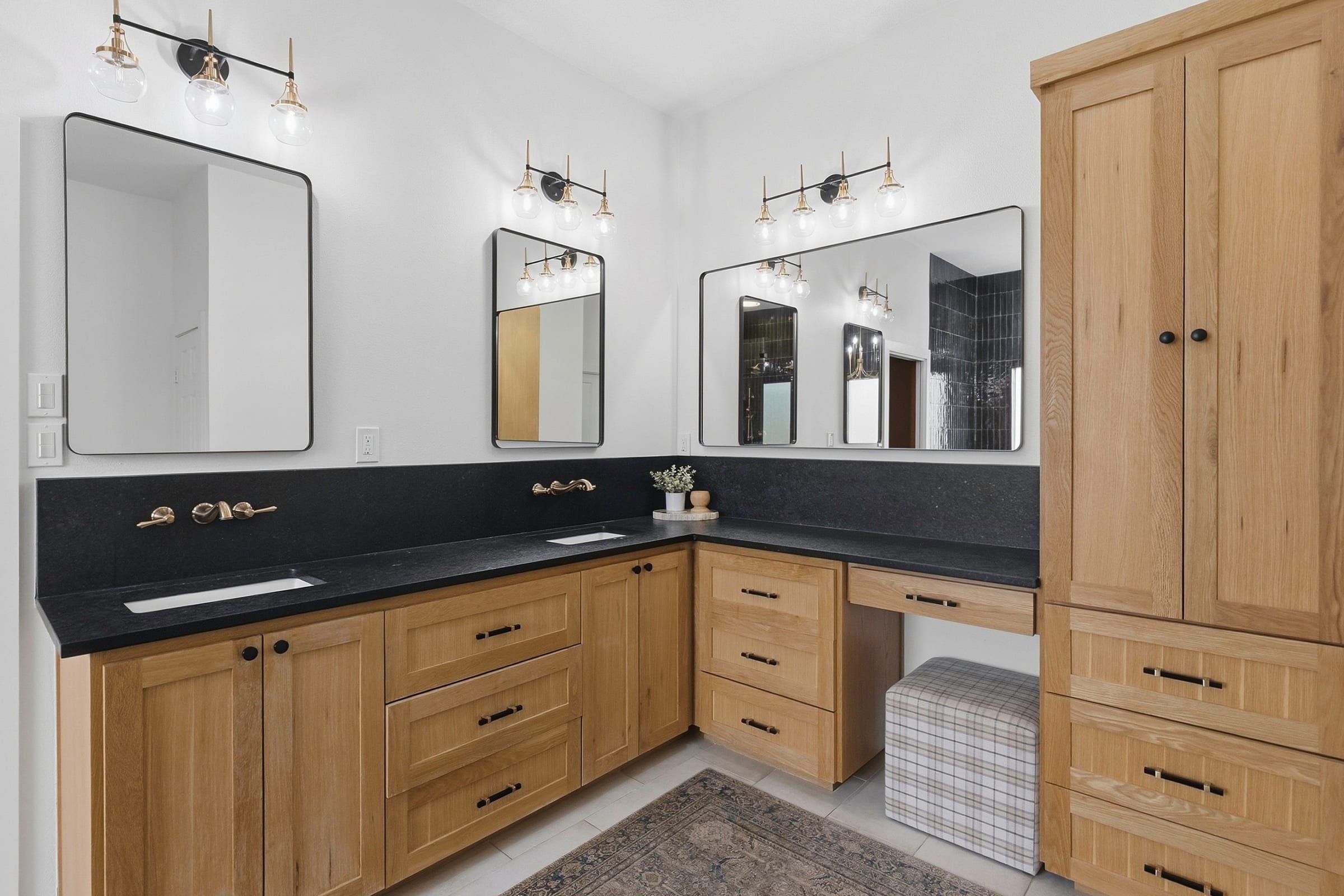 Master bath double vanity with makeup desk and linen cabinet